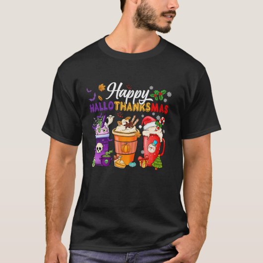 T-shirt Happy Hallothanksmas Coffee Halloween Thanksgiving (Devant)