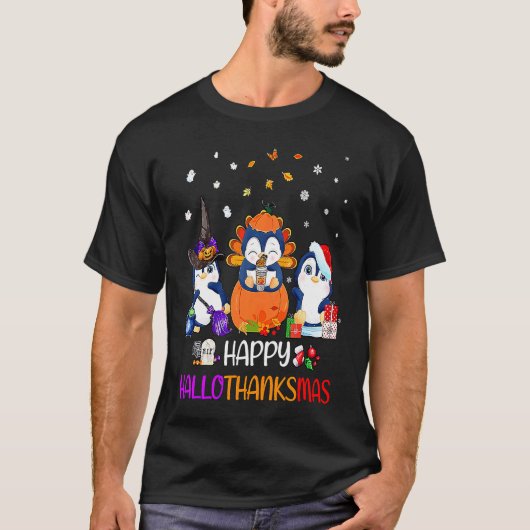 T-shirt Happy HalloThanksMas Fall Pumpkin  Penguin (Devant)