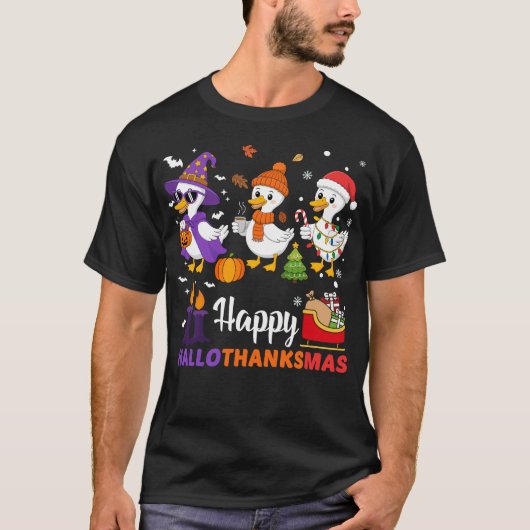 T-shirt Happy Hallothanksmas Goose Halloween Thanksgiving  (Devant)