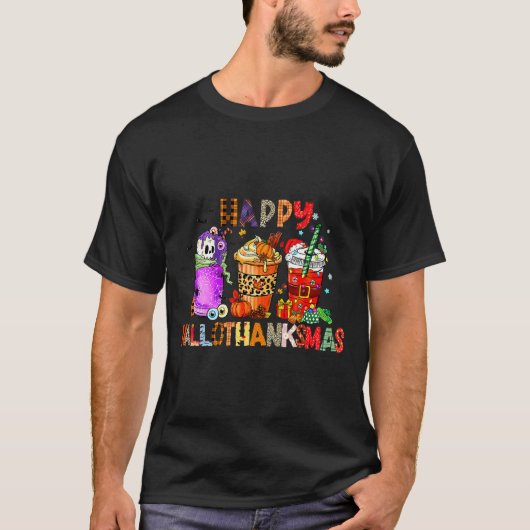 T-shirt Happy Hallothanksmas Halloween Coffee Latte Thanks (Devant)
