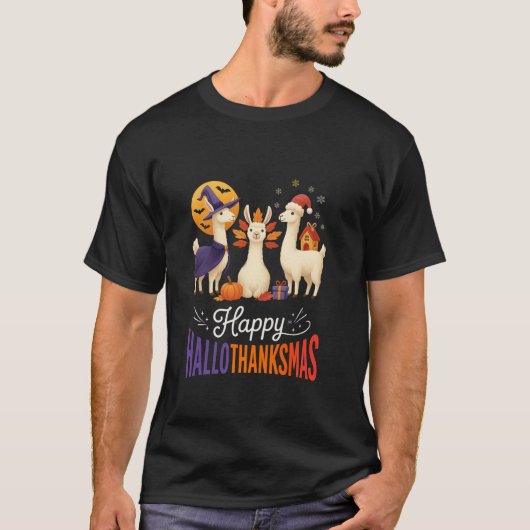 T-shirt Happy Hallothanksmas Llamas Halloween Thanksgiving (Devant)