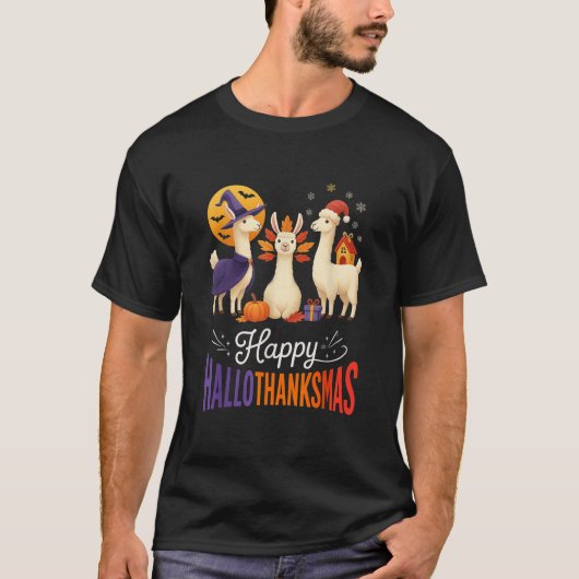 T-shirt Happy Hallothanksmas Llamas Halloween Thanksgiving (Devant)