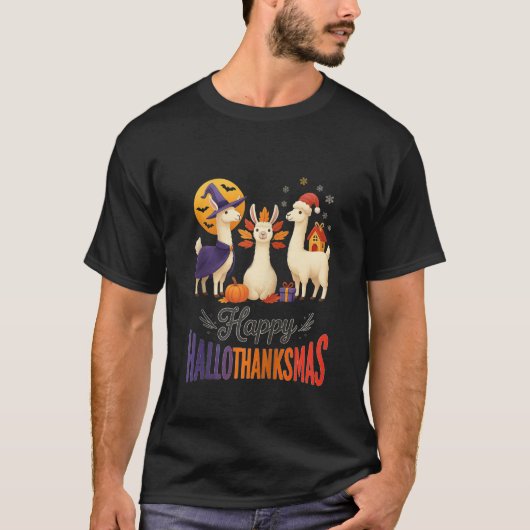 T-shirt Happy Hallothanksmas Llamas Halloween Thanksgiving (Devant)