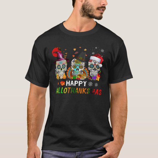 T-shirt Happy Hallothanksmas Sugar Skull Halloween Thanksg (Devant)