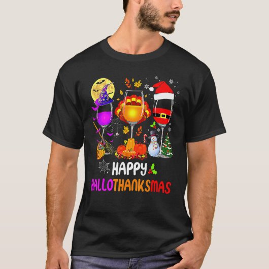 T-shirt Happy Hallothanksmas Wine Glasses Halloween Thanks (Devant)