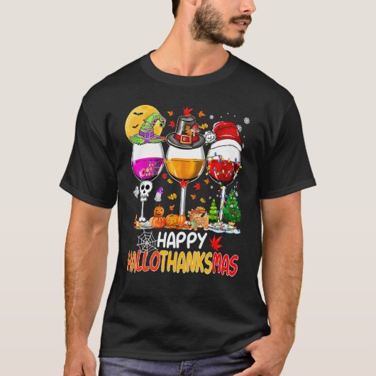 T-shirt Happy Hallothanksmas Wine Glasses Witch Santa Hat  (Devant)