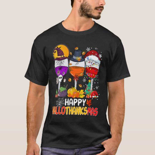 T-shirt Happy Hallothanksmas Wine Glasses Witch Santa Hat  (Devant)
