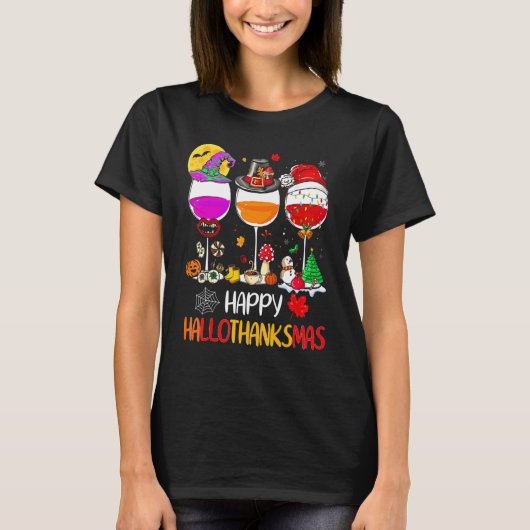 T-shirt Happy Hallothanksmas Wine Glasses Witch Santa Hat  (Devant)