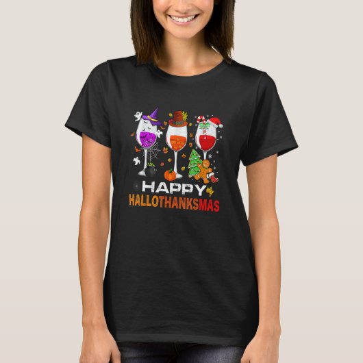 T-shirt Happy Hallothanksmas Wine Glasses Witch Santa Hat  (Devant)