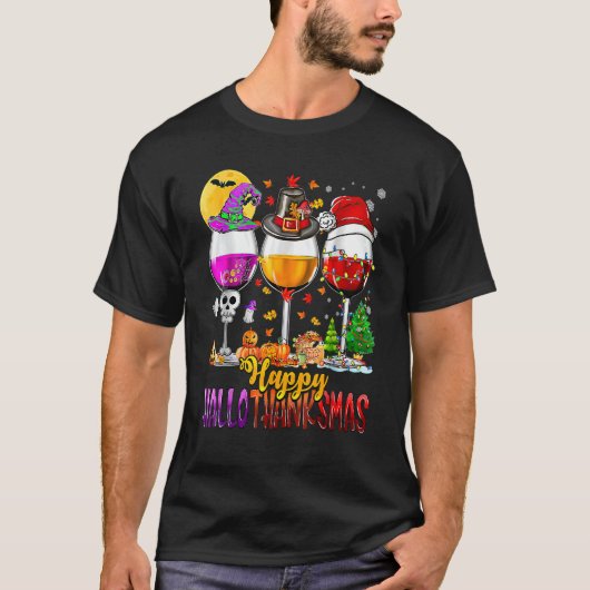 T-shirt Happy Hallothanksmas Wine Glasses Witch Santa Pump (Devant)