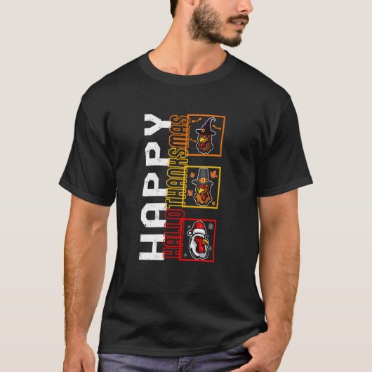 T-shirt Happy HalloThanksMas Witch Pilgrim Père Noël Chick (Devant)
