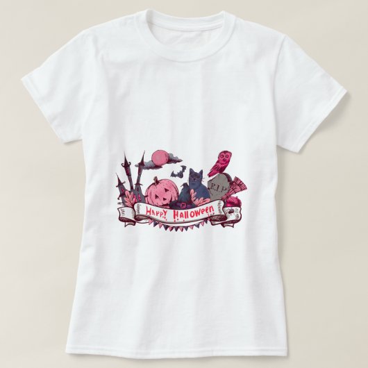 T-shirt Happy Halloween Banner with Castle, Pumpkin, Black (Design devant)