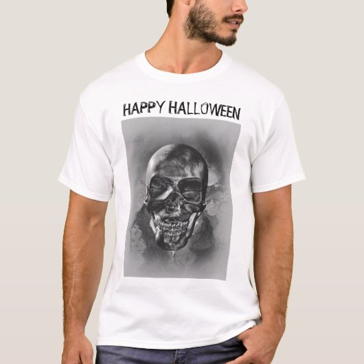 T-shirt Happy Halloween. Black and white skull design (Devant)