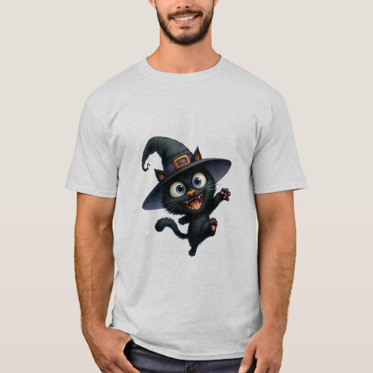 T-shirt Happy Halloween Black Witch Cat Wave ✨🐾🎃 (Devant)