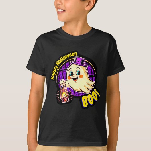 T-shirt Happy Halloween BOO! Cute Retro Ghost with Lantern (Devant)