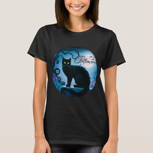 T-shirt Happy Halloween Chat noir Pleine lune Halloween (Devant)