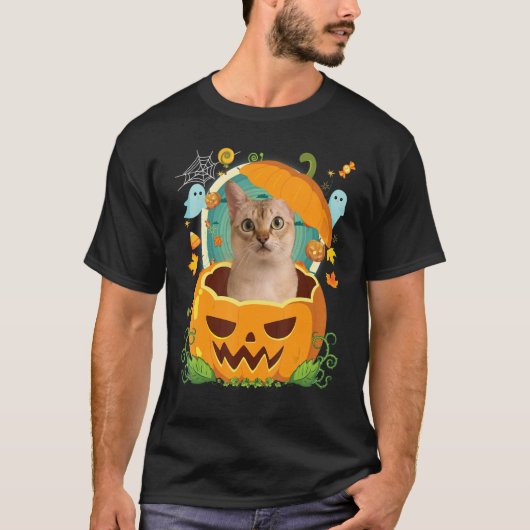 T-shirt Happy Halloween Citrouille Singapura Chat Witch mi (Devant)
