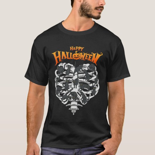 T-shirt Happy Halloween Cool Black Cats Humor Skeleton (Devant)