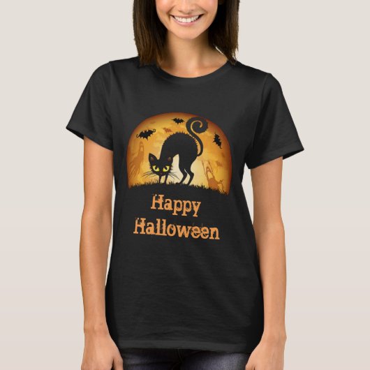 T-shirt Happy Halloween Éffrayant Haunted chat noir T-shir (Devant)