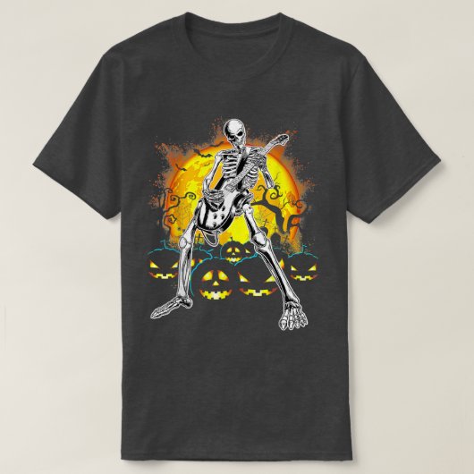 T-shirt Happy Halloween Funny Skeleton Playing Guitar Pump (Design devant)