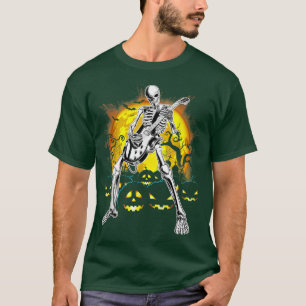 T-shirt Happy Halloween Funny Skeleton Playing Guitar Pump