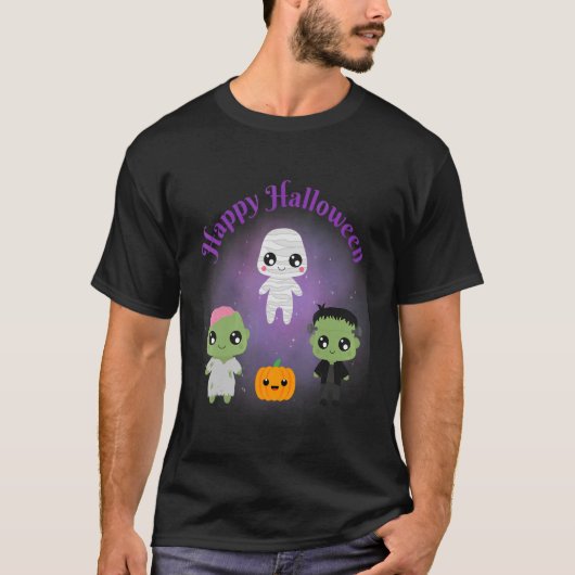 T-shirt Happy Halloween Monsters Mummy Frankenstein Zombie (Devant)