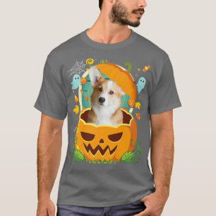 T-shirt Happy Halloween Pumpkin Corgi Dog Witch Cute Hat L