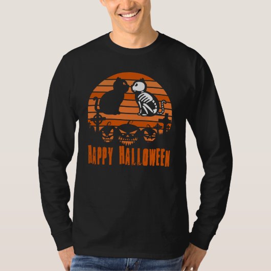 T-shirt Happy Halloween Skeleton Cat Retro Sunset (Devant)