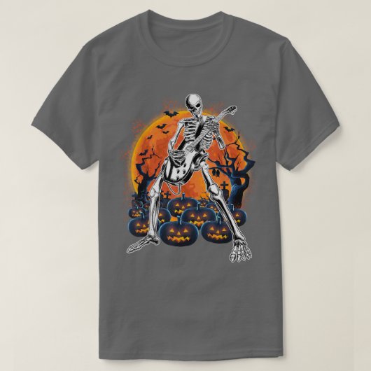 T-shirt Happy Halloween Skeleton Playing Guitar Pumpkin Vi (Design devant)