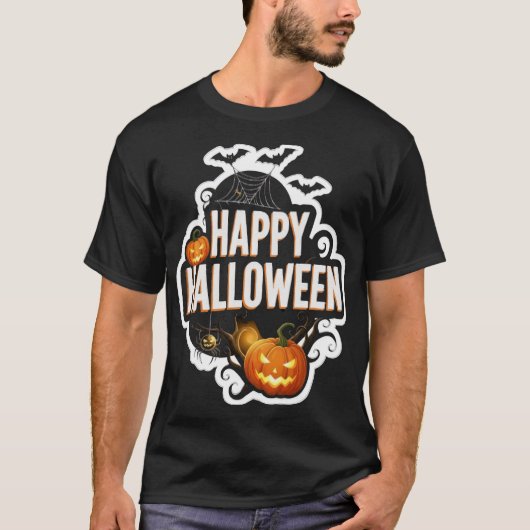 T-shirt Happy Halloween text with spooky pumpkins bats and (Devant)