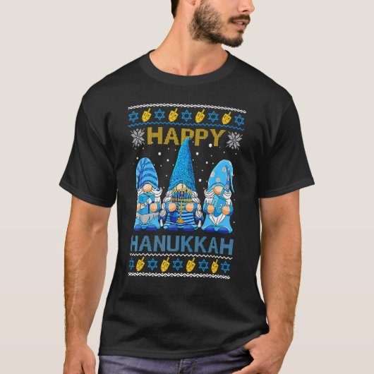T-shirt Happy Hanukkah Ugly Christmas Gnome Gnomies Menora (Devant)