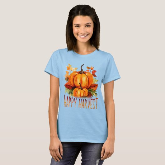 T-shirt "Happy Harvest" Aquarelle Citrouille et feuilles d (Devant entier)