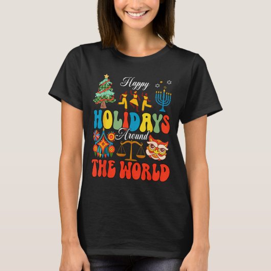 T-shirt Happy Holidays Around World Christmas Hanukkah Diw (Devant)