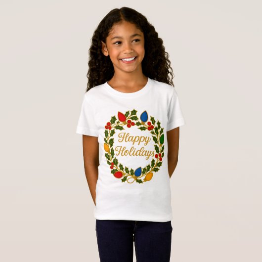 T-Shirt Happy Holidays Wreath Christmas Lights and Holly (Devant entier)