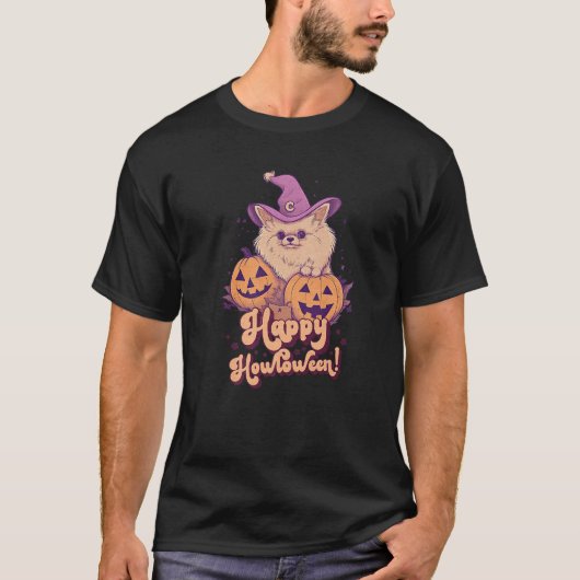 T-shirt Happy Howl O Ween Funny Pun Chien Poméranien Hallo (Devant)