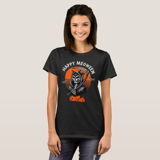 T-shirt Happy Meoween Éffrayant Grim Reaper Chat Halloween (Devant entier)