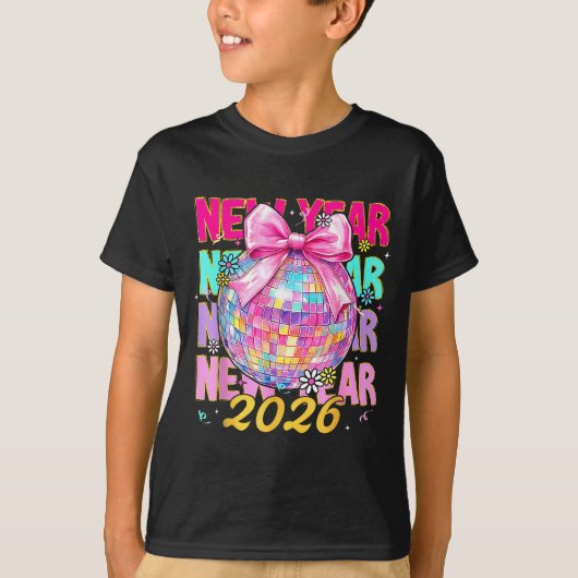 T-shirt Happy New Year 2026 Coquette Bow & Disco Ball (Devant)