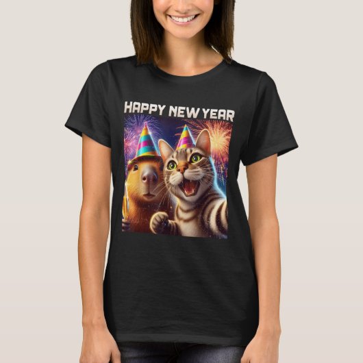 T-shirt Happy New Year 2026 Cute Cat Capybara Party Art  (Devant)