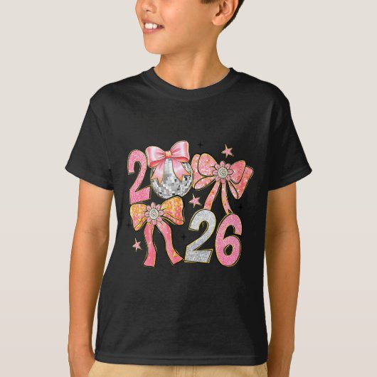 T-shirt Happy New Year 2026 Disco Ball Coquette Bow New Ye (Devant)