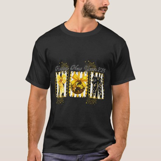 T-shirt Happy New Year 2026 Disco Ball Gold Coquette Bow F (Devant)