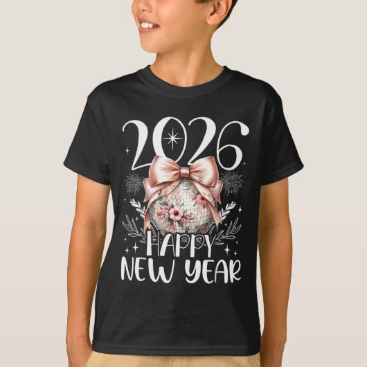T-shirt Happy New Year 2026 Disco Cute Bow Flower New Year (Devant)