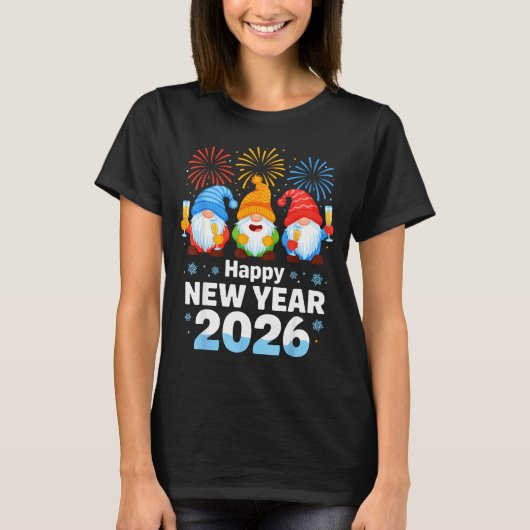 T-shirt Happy New Year 2026 Gnome With Fireworks And Champ (Devant)