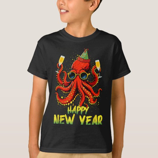 T-shirt Happy New Year 2026 Octopus Drinking Champagne New (Devant)