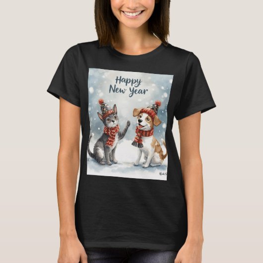 T-shirt Happy New Year – Cute Animals in Festive Hats & Sc (Devant)