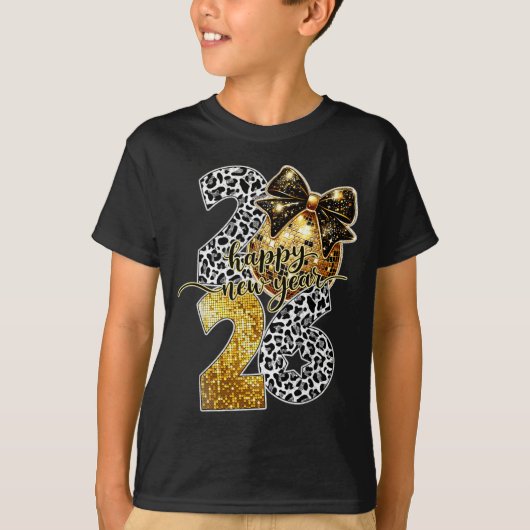 T-shirt Happy New Year Cute Gold Disco Ball Bow New Year's (Devant)