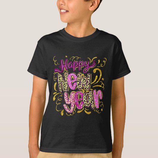 T-shirt Happy New Year Hello 2026 Retro Leopard  (Devant)
