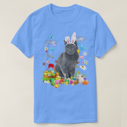 T-shirt Happy Pâques mignonne lapin Chat Oeufs Bleus Russe (Design devant)