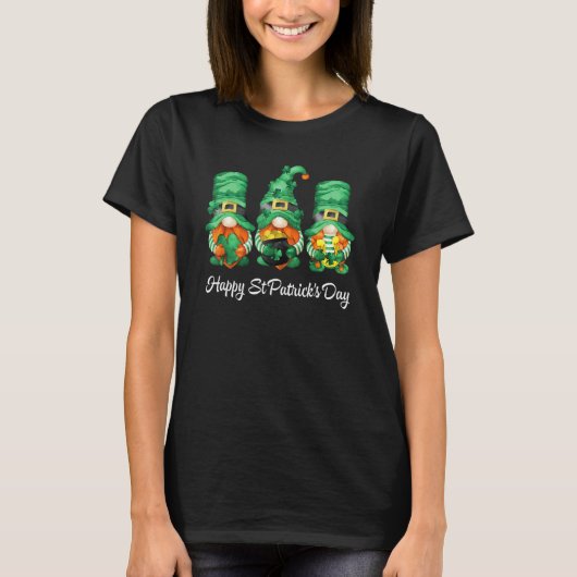 T-shirt Happy St Patrick's Day Three Gnomes Shamrock Lucky (Devant)