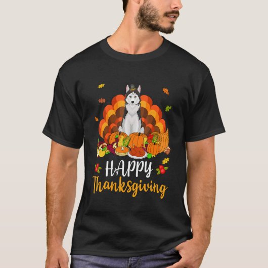 T-shirt Happy Thanksgiving Siberian Husky Dog Turkey Pet (Devant)
