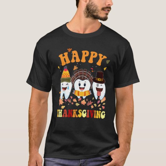 T-shirt Happy Thanksgiving Teeth Dental Turkey Retro Vinta (Devant)